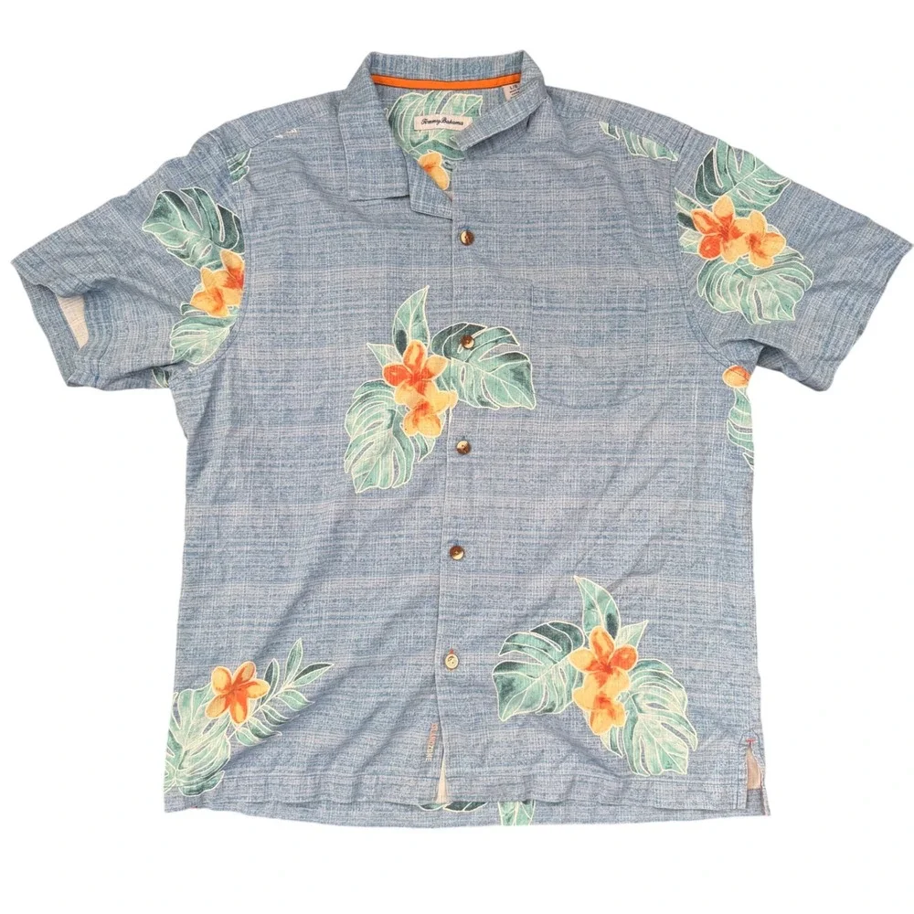 Tommy Bahama IslandZone Silk Shirt Mens L Blue Floral Monstera Leaf Button Up - Picture 2 of 9